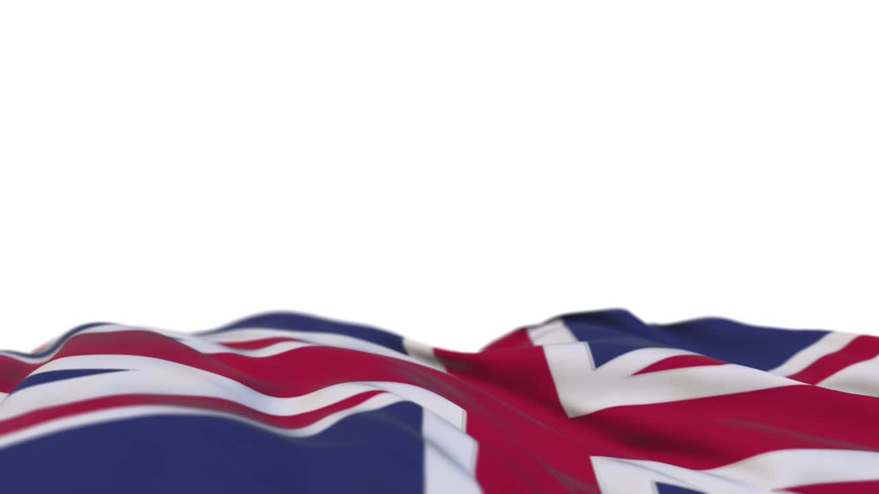 Storbritannias stoffflagg vaier i vinden (loop). Storbritannias broderte tøybanner svaier i brisen. Halvfylt hvit bakgrunn. Plass for tekst. 20 sekunders loop