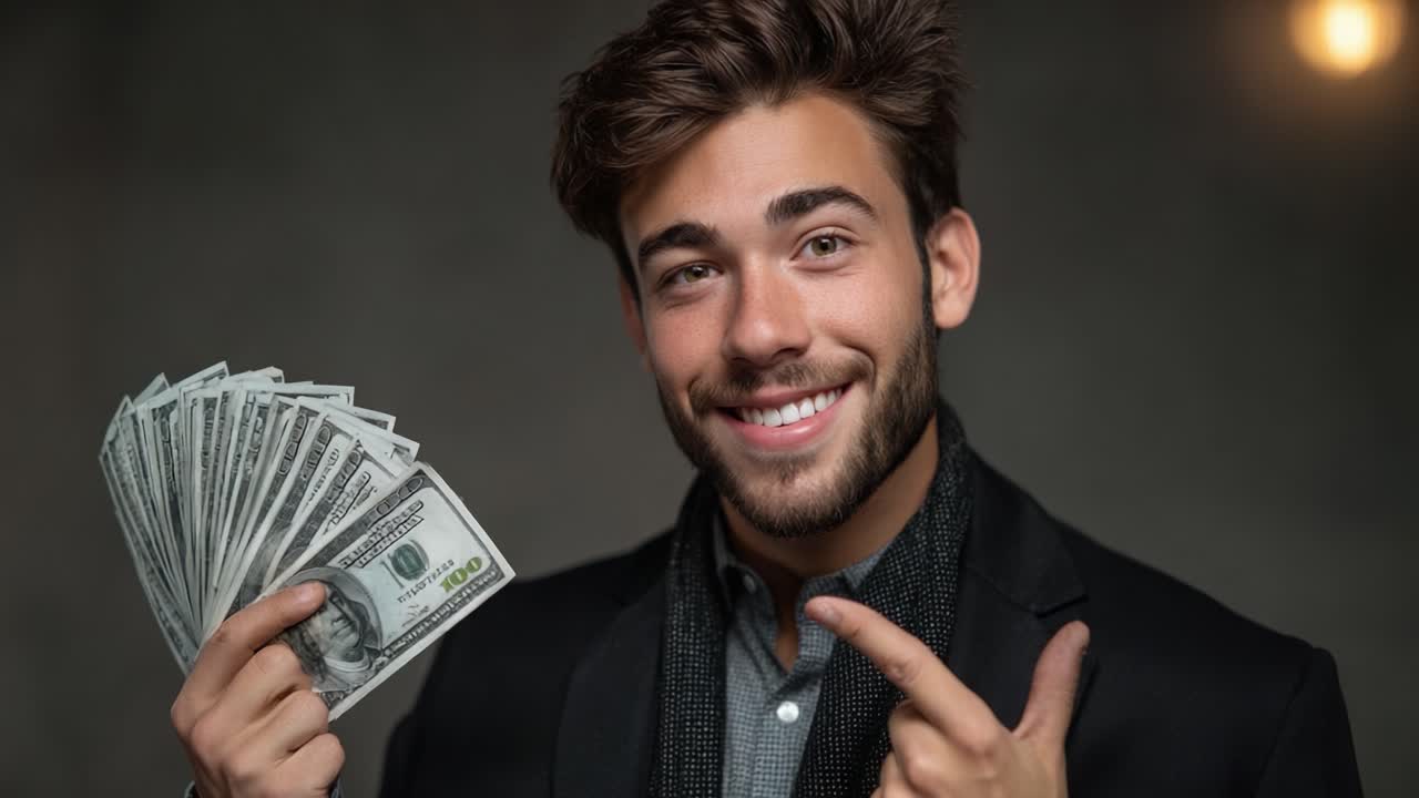 Giovane uomo sicuro di sé che tiene dei contanti, sorride felice mentre indica qualcosa, a rappresentare il successo, la felicità e la libertà finanziaria in un ambiente elegante