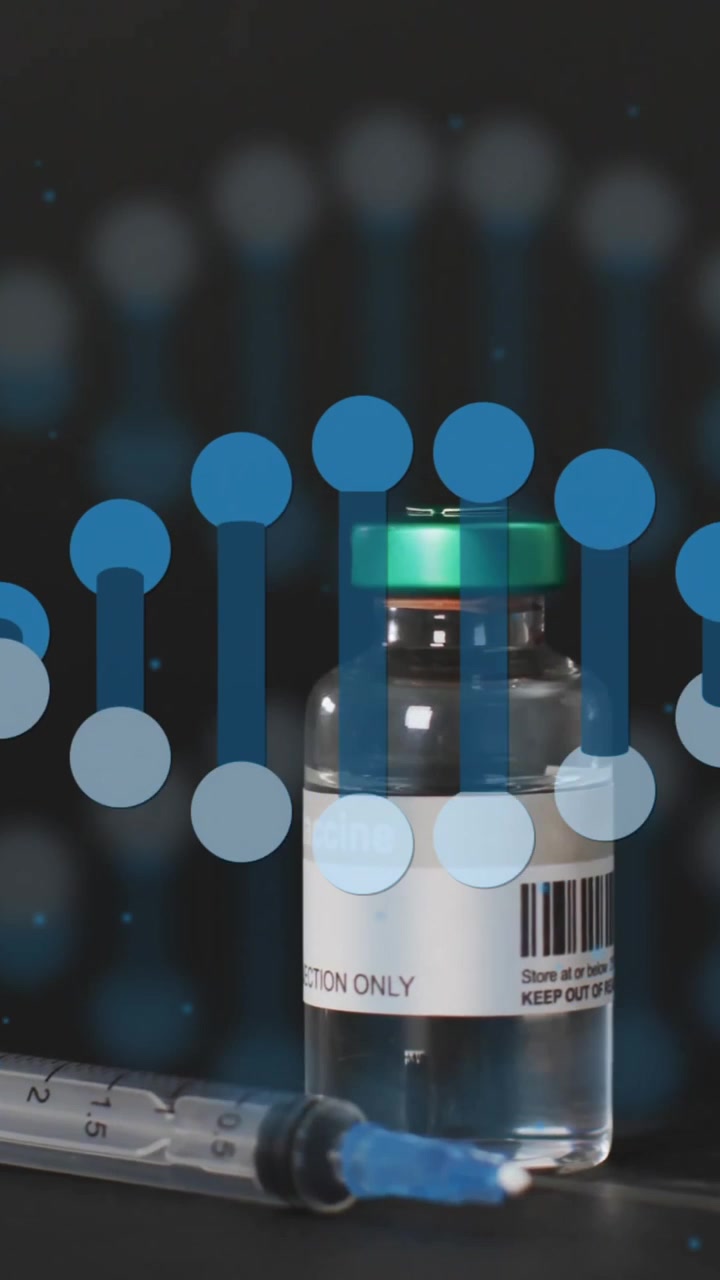 Animation of dna strand and vial with vaccine on black background