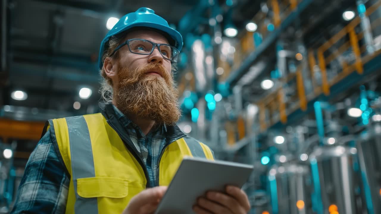 Focused Worker in Safety Gear Overseeing Production Process in a Modern Industrial Facility, Engaged in Quality Control and Safety Compliance Monitoring