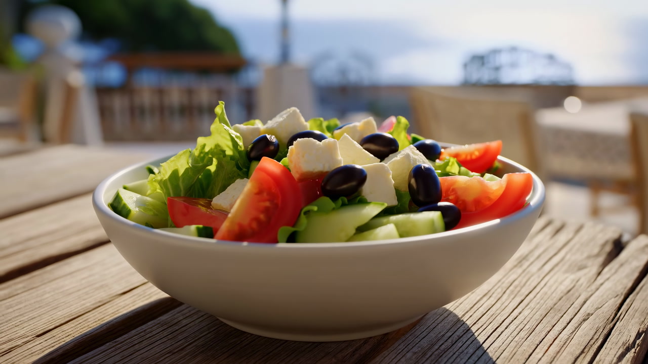 Fresh Mediterranean Salad On Seaside Terrace, Sunlit Bowl Of Crisp Lettuce, Tomato, Cucumber, Black Olive