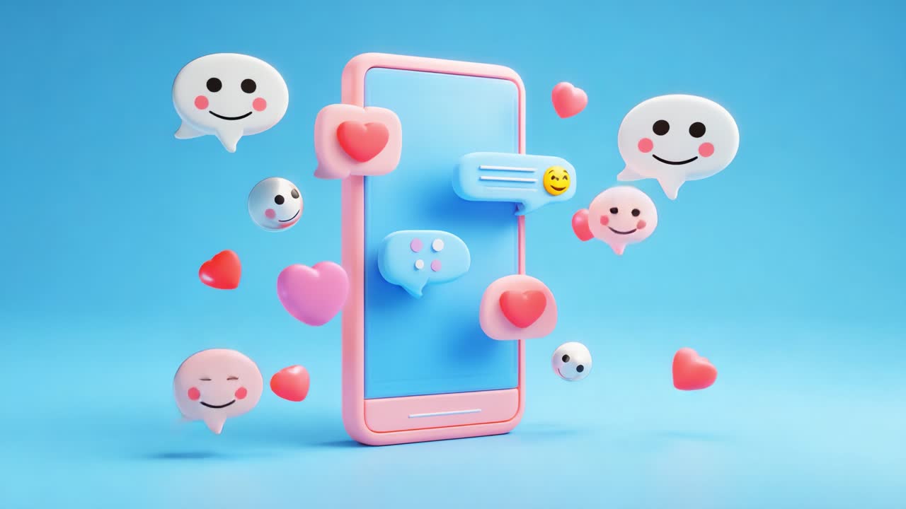 A Vibrant Digital Interaction: Capturing the Essence of Online Communication Through Colorful Icons, Emoticons, and Heart Symbols Surrounding a Animated Smartphone Display