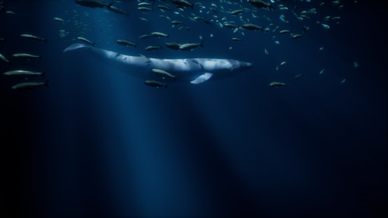 물고기의 학교와 함께 바다에서 수영하는 고래