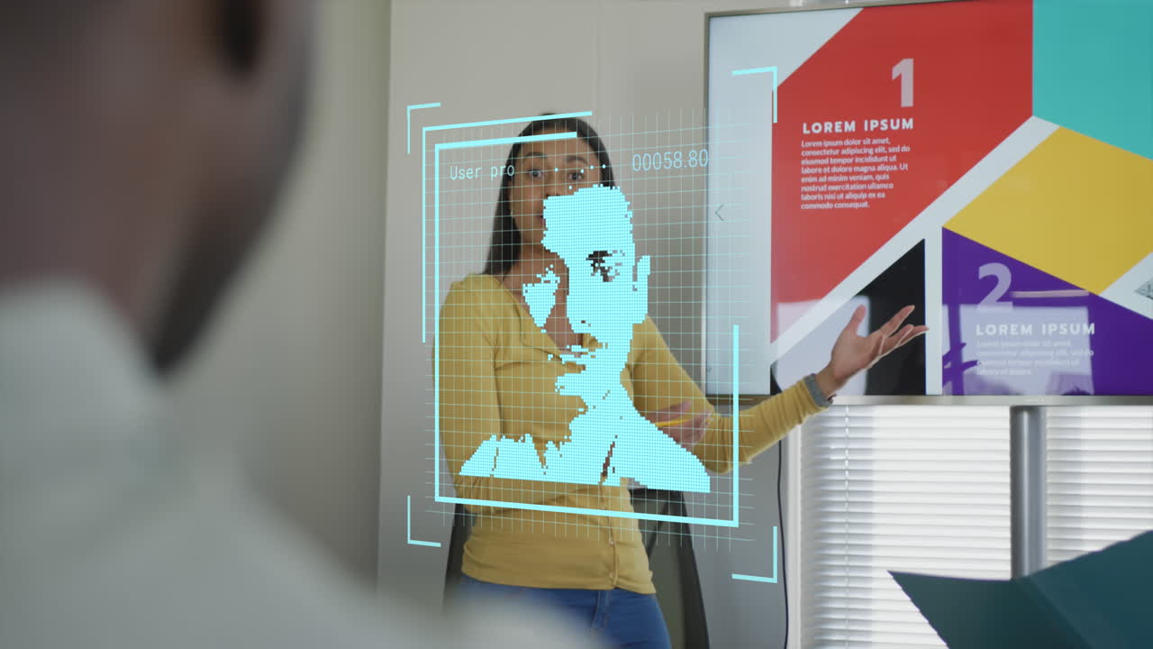 animación del procesamiento de datos fotográficos biométricos sobre diversas personas de negocios en la oficina