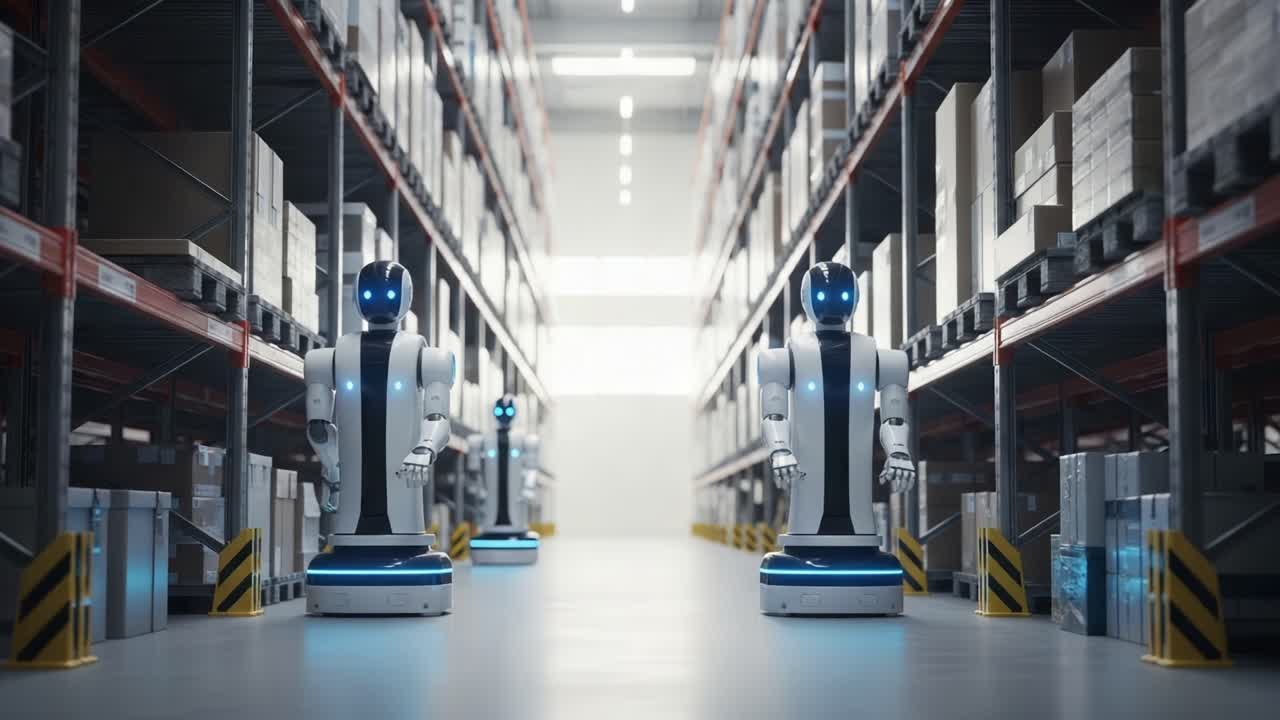 Automated Robots Navigating a High-Tech Warehouse Environment: The Future of Logistics and Supply Chain Management in Action with Intelligent Robotics