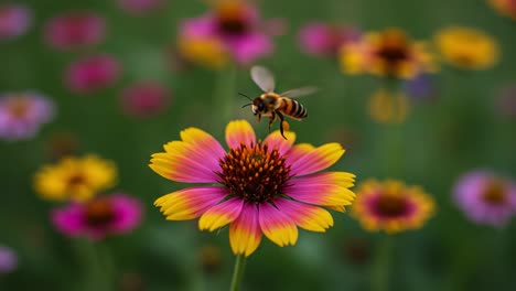 a vibrant dance of nature: a honeybee hovering near a colorful flower in a lush garden, capturing the essence of pollination and ecosystem harmony