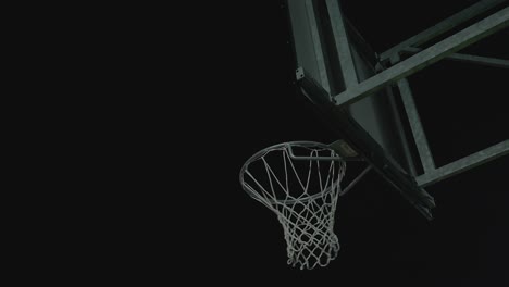 basketball ball clean hit basket in slow motion, low angle view of scoring or pointing