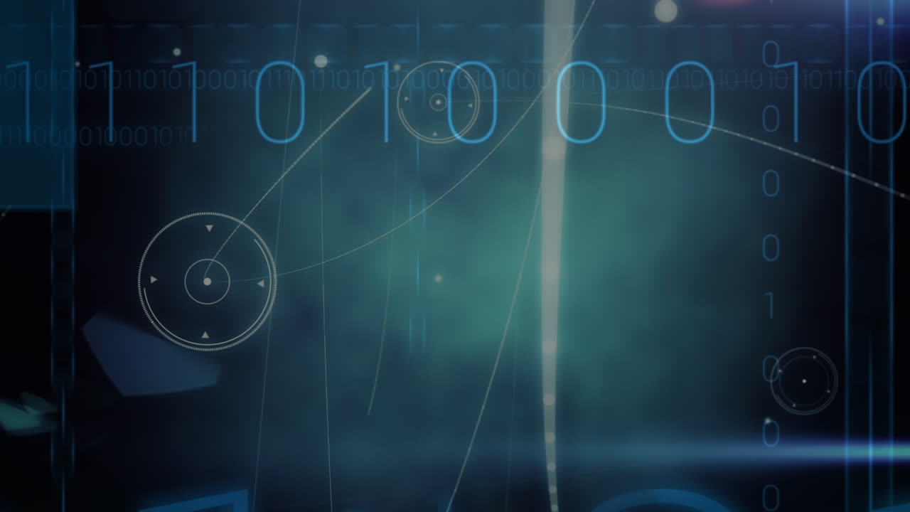 Animation of network of connections and binary coding on blue background