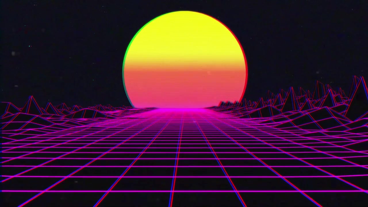 Retro Synthwave Landscape with Neon Grid and Glitch Sun