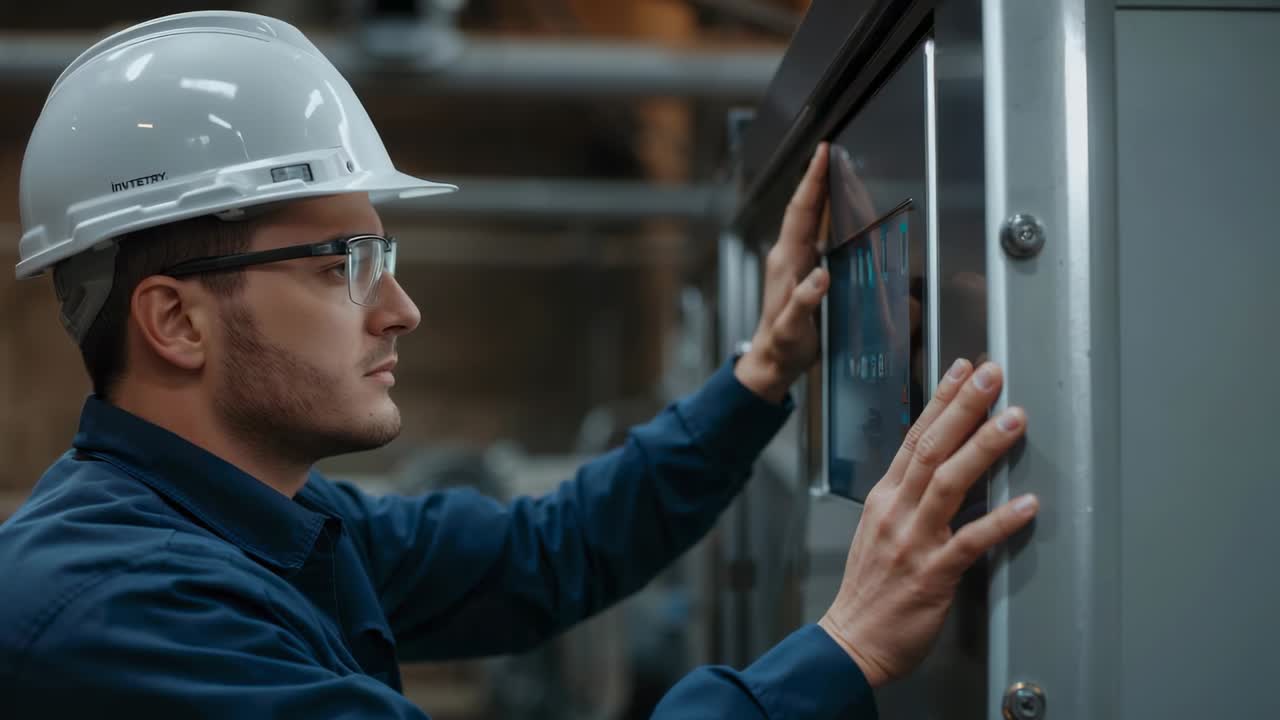 Approaching technician white hard hat and glasses tapping cabinet touch panel, checking readouts