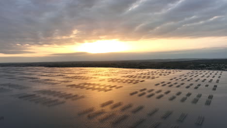 As-the-sun-sets,-Etang-de-Thau-glows,-revealing-its-oyster-farms-from-above.