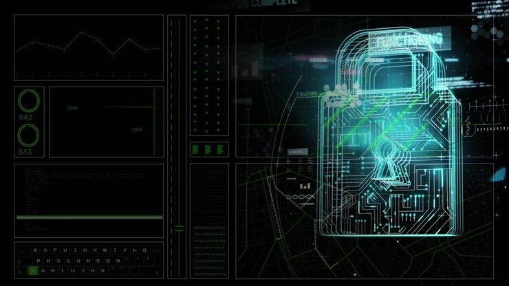 Animation of padlock and digital data processing over computer servers