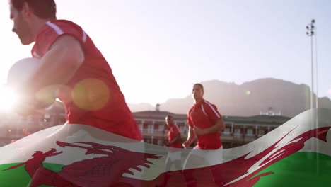 animation of flag of wales over diverse rugby players playing rugby
