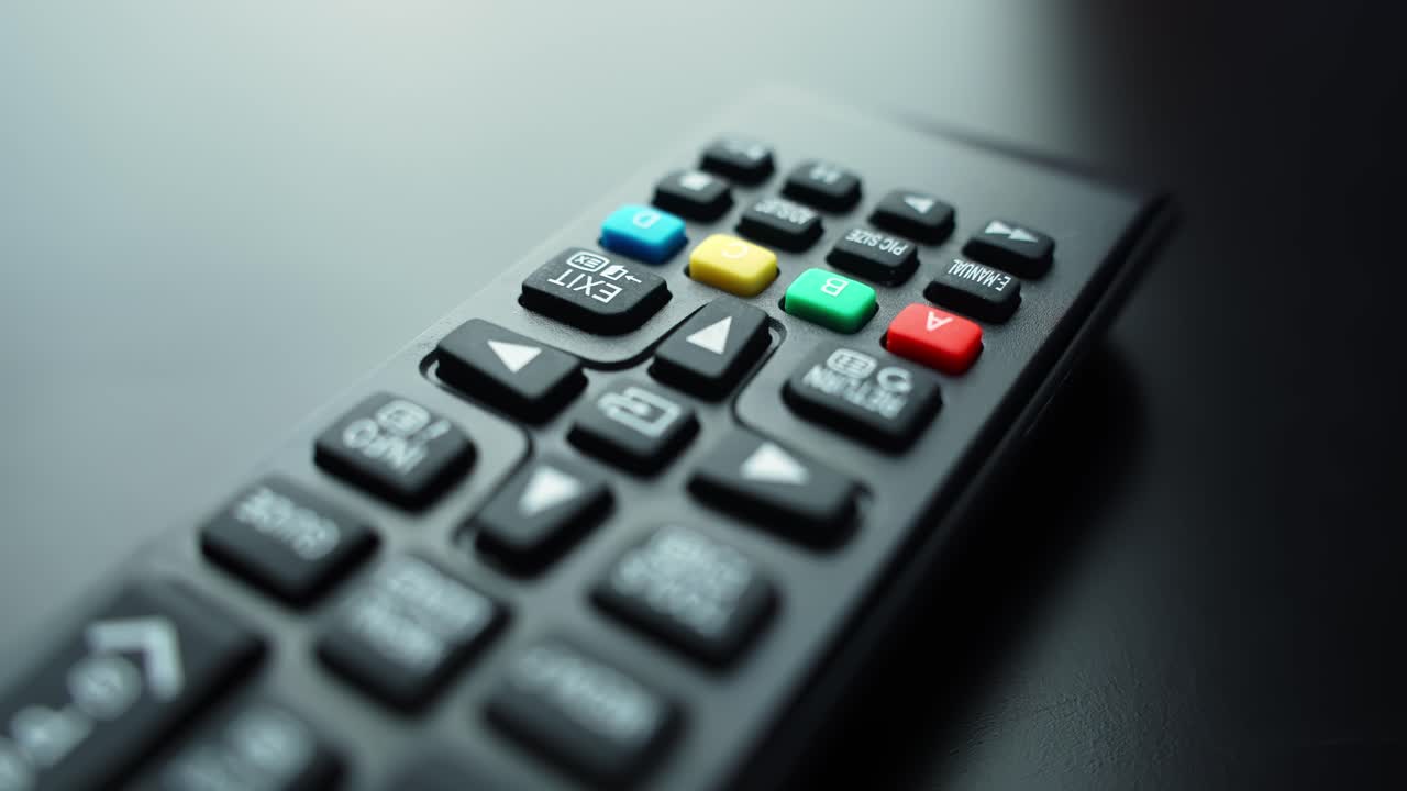 Close-up TV remote on dark tabletop, thumb-ready keypad and arrow controls in shallow focus. Perfect for streaming, home entertainment, technology and copy space backgrounds