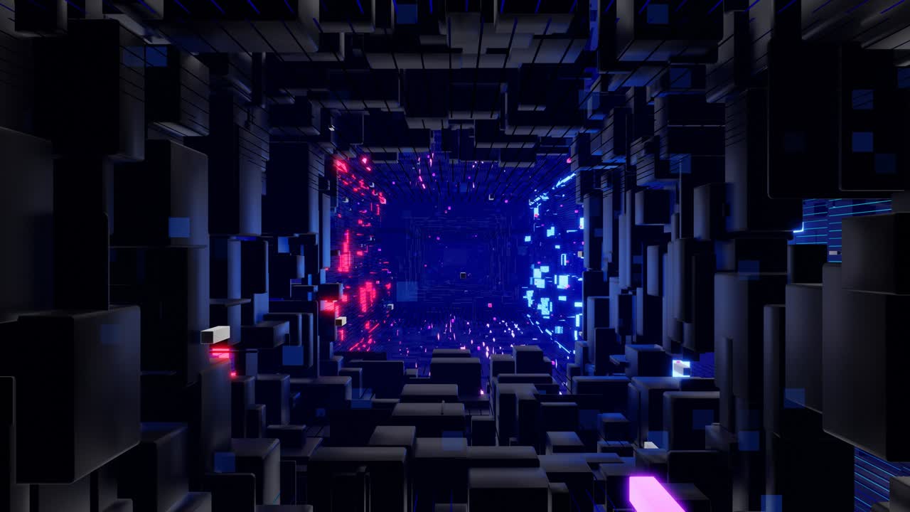 túnel con luz de neón. ciencia ficción bg volar a través del espacio digital tecnológico. concepto de flujo de información de alta tecnología, blockchain. diseño de movimiento bg en bucle 3d, cubos y marcos, construcciones. bg dinámico oscuro
