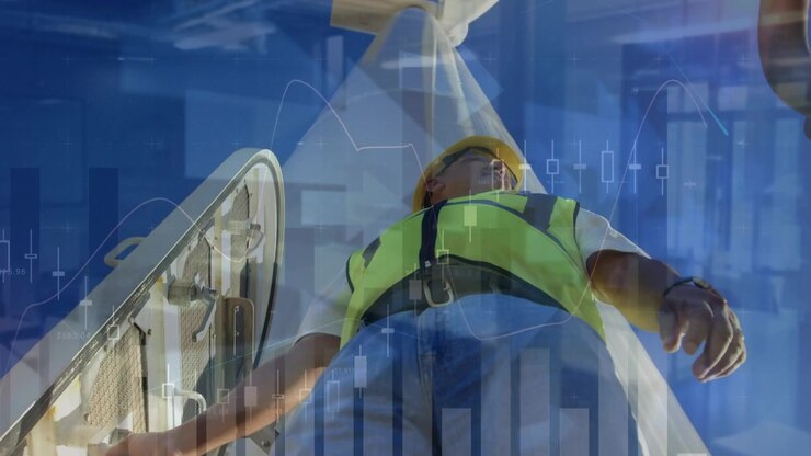 Animation of graphs over low angle of engineer and wind turbine