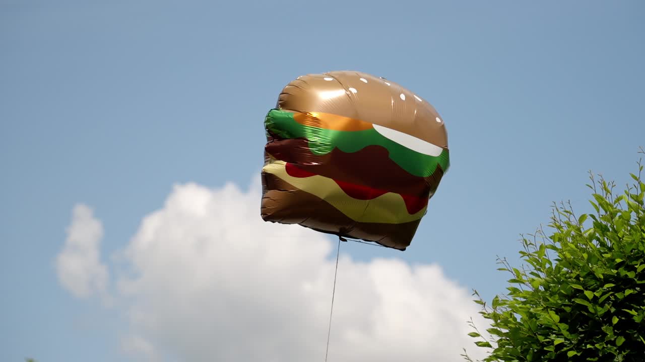 Floating burger-shaped balloon in a blue sky setting