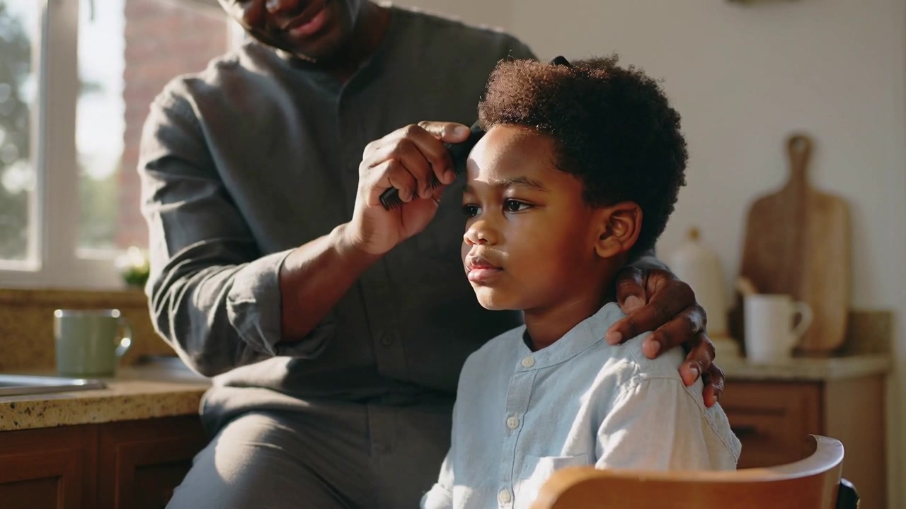 Placing hand, preparing comb, parent in dark shirt grooming child in light shirt at kitchen counter