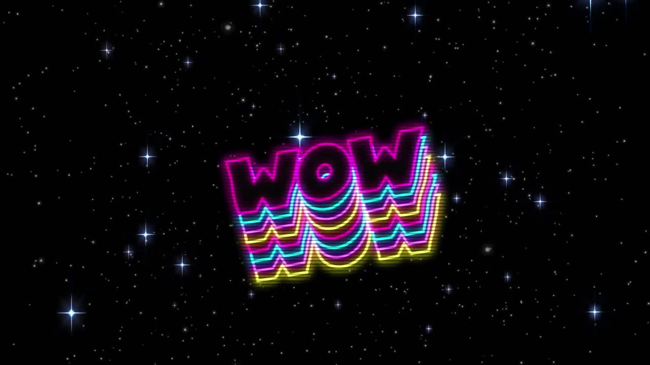검은 바탕에 빛나는 별에 대한 그림자 효과와 함께 네온 와우 텍스트의 디지털 애니메이션