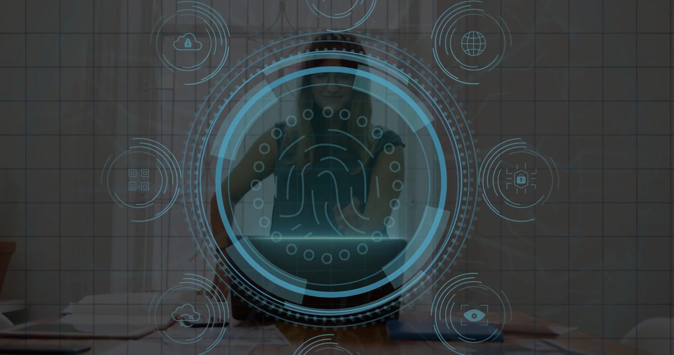 Vertical video: Woman standing by laptop DATA PROTECTION starting HUD rings over fingerprint scan