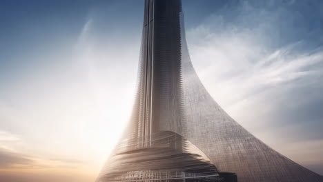 futuristic skyscraper piercing through clouds