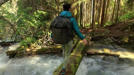 Hiking-woman-walk-with-a-hiking-backpack-in-spring-green-forest