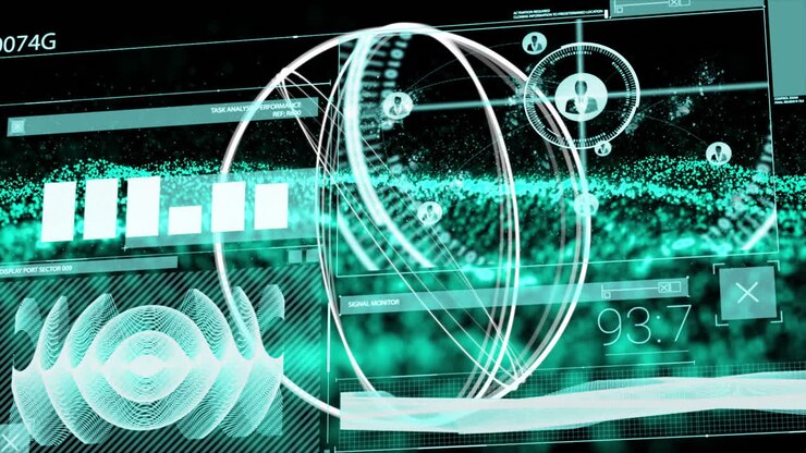 Animation of futuristic digital interface with abstract shapes and data in school