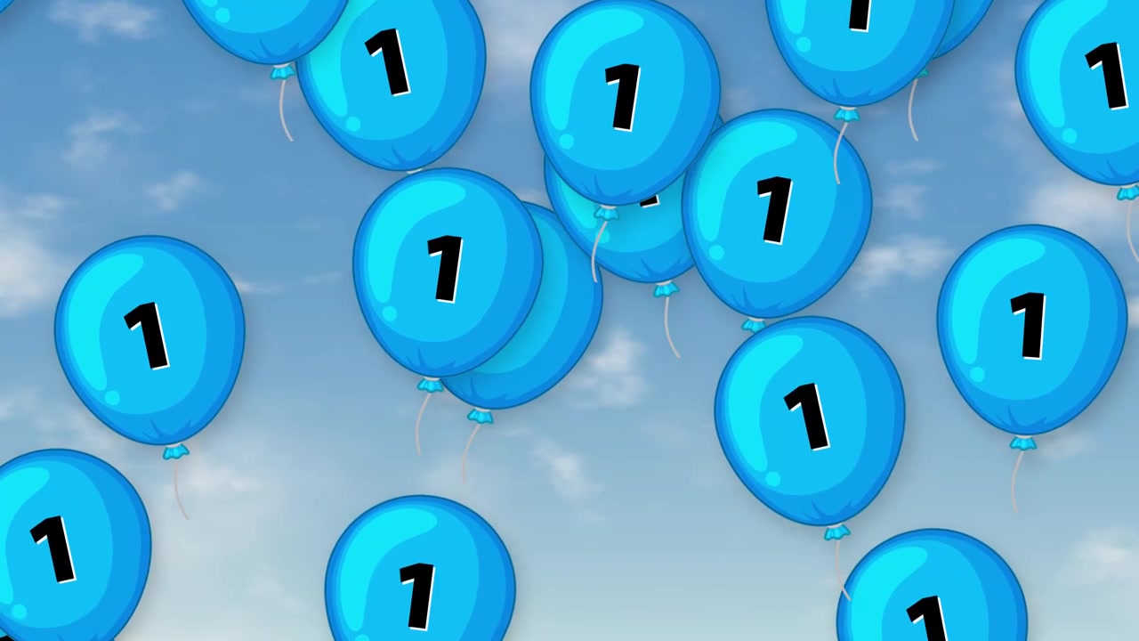 Animated blue balloons with the number one float across a bright blue sky with clouds.