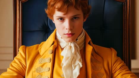 a young man in a yellow suit sitting on a blue chair