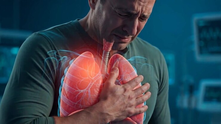 Man Holding Chest Showing Lung Pain With Respiratory Concept Visualization Scene