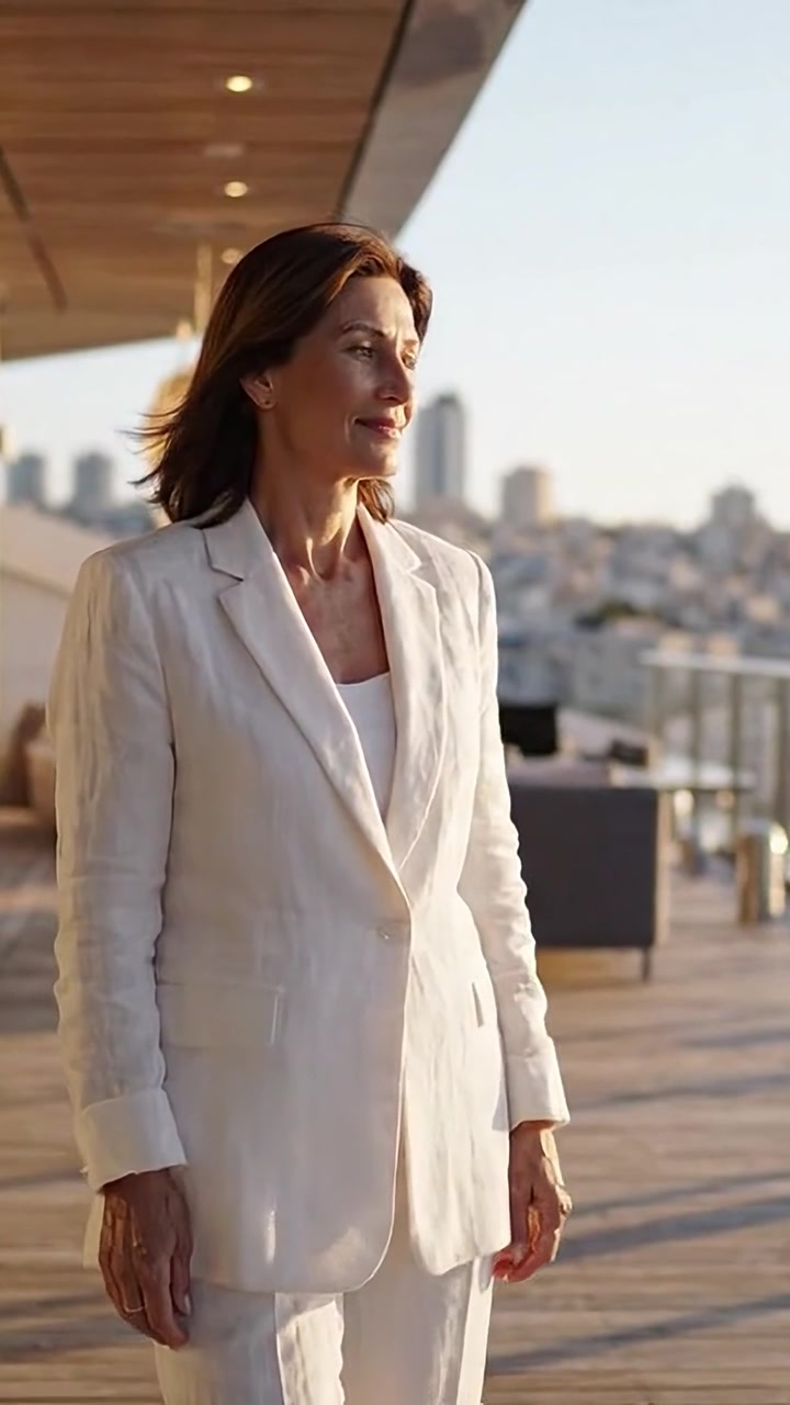 Mujer elegante con un sofisticado traje blanco de pie con confianza en un balcón moderno con vistas al horizonte de la ciudad durante el atardecer, encarnando gracia y sofisticación.