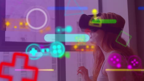 animación de iconos de medios que se mueven sobre la mujer con auriculares vr