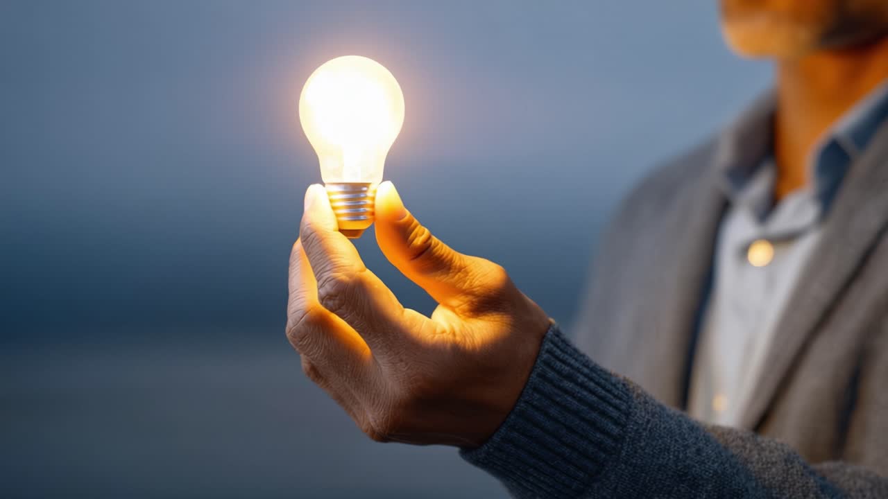 A glowing light bulb held in a person's hand, representing ideas, innovation, and inspiration, illuminated against a serene twilight backdrop, symbolizing creativity