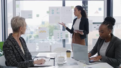 imágenes de video de 4k de una joven empresaria usando una tableta digital mientras da una presentación a sus colegas en una oficina