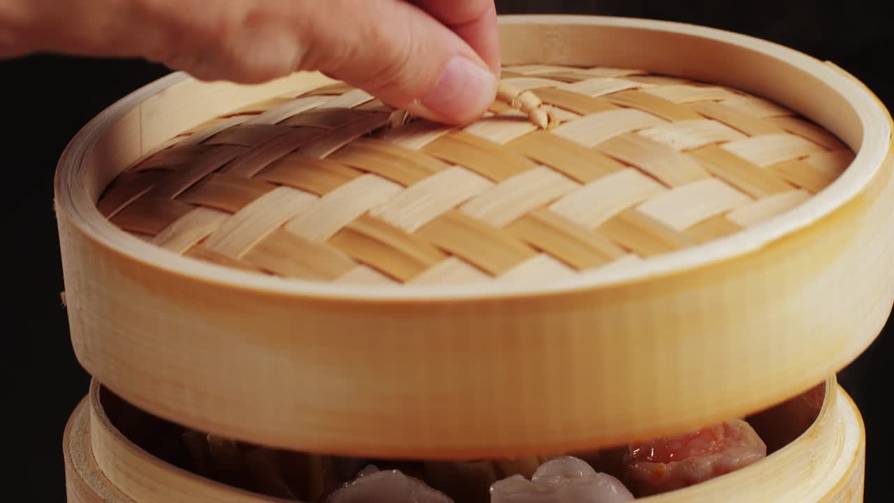 Preparing Steamed Shrimp Dumplings in a Bamboo Steamer