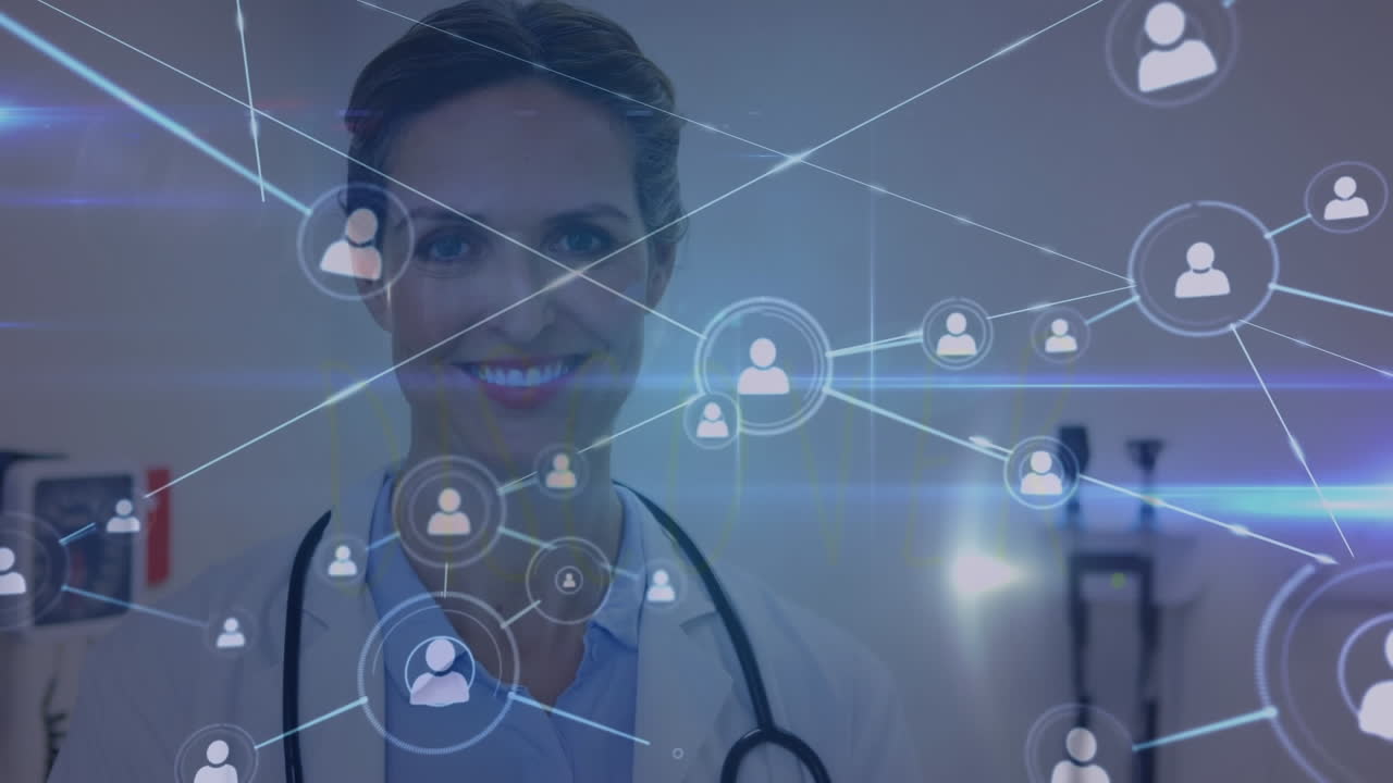 animación de iconos de personas conectadas sobre el retrato de una doctora caucásica sosteniendo un informe