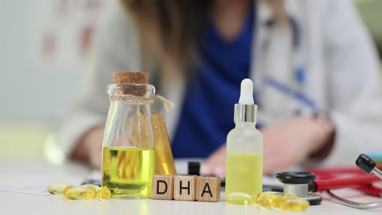 DHA omega-3 supplements with doctor in background