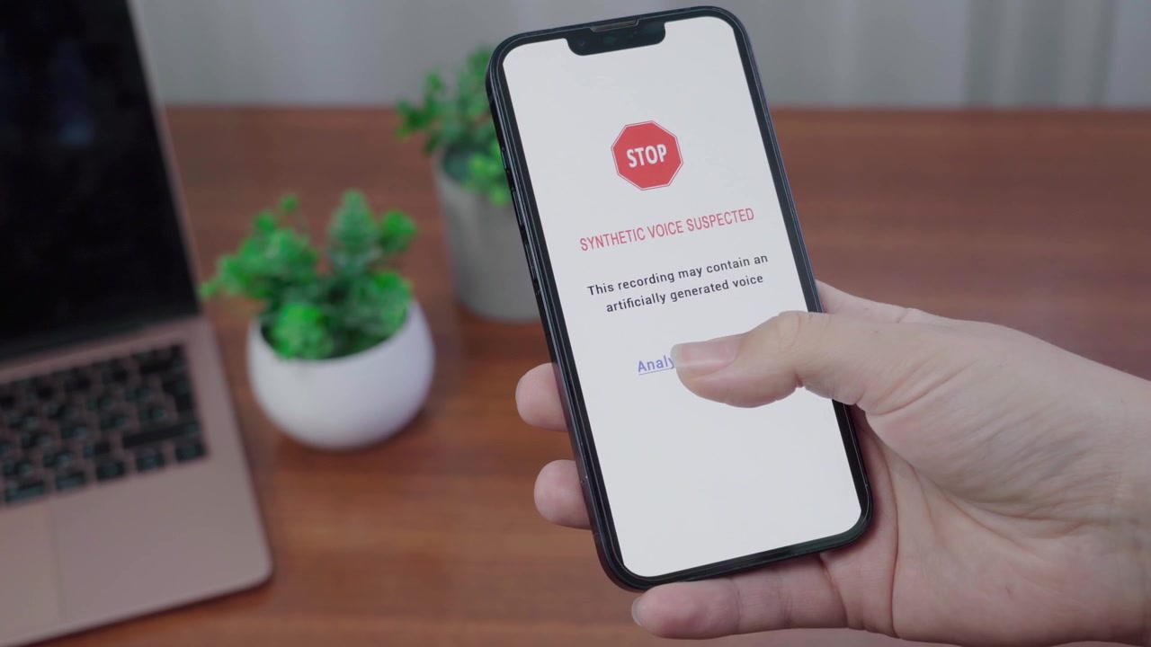 AI security app displays a stop alert that a synthetic voice is suspected in the recording on a mobile screen in a home office.