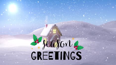 Animation-Von-Weihnachtsgrußtexten-über-Fallendem-Schnee-Und-Haus-In-Winterlandschaft