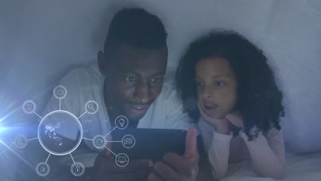 Animation-of-smiling-african-american-father-and-daughter-using-tablet,-over-globe-spinning