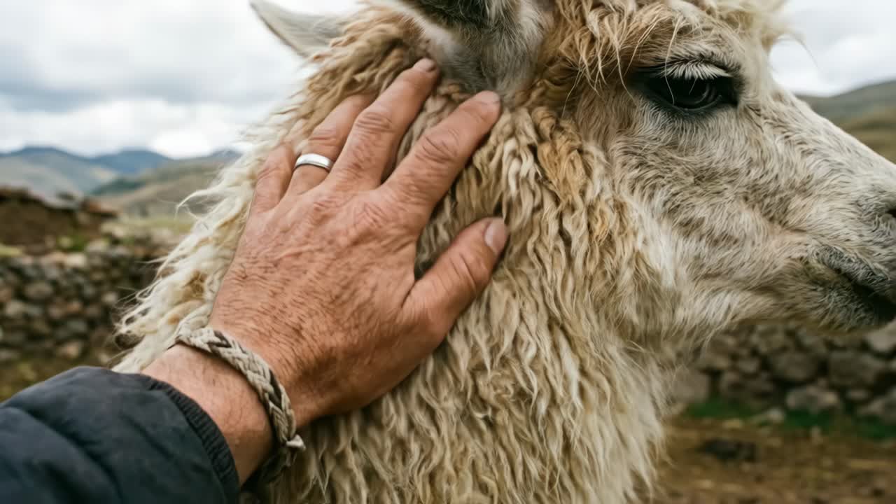 Close-Up of a Hand Gently Petting an Alpaca's Soft Fur