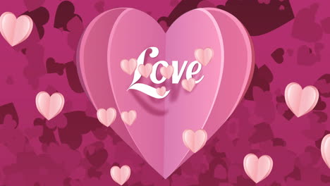 animation of heart with love text over multiple pink hearts on pink background