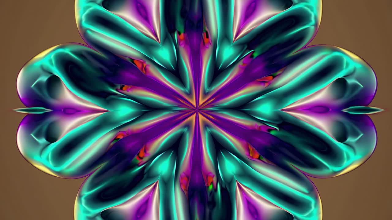 Abstract kaleidoscope pattern with vibrant colors. Symmetrical design with green and purple hues