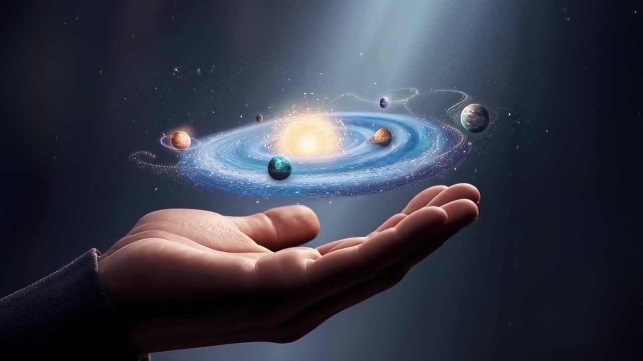 A Hand Holding a Rotating Galaxy with Planets in Space