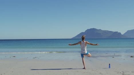 Vídeo-De-La-Vista-Trasera-De-Un-Hombre-Caucásico-Con-Rastas-Practicando-Yoga-De-Pie-En-Una-Playa-Soleada