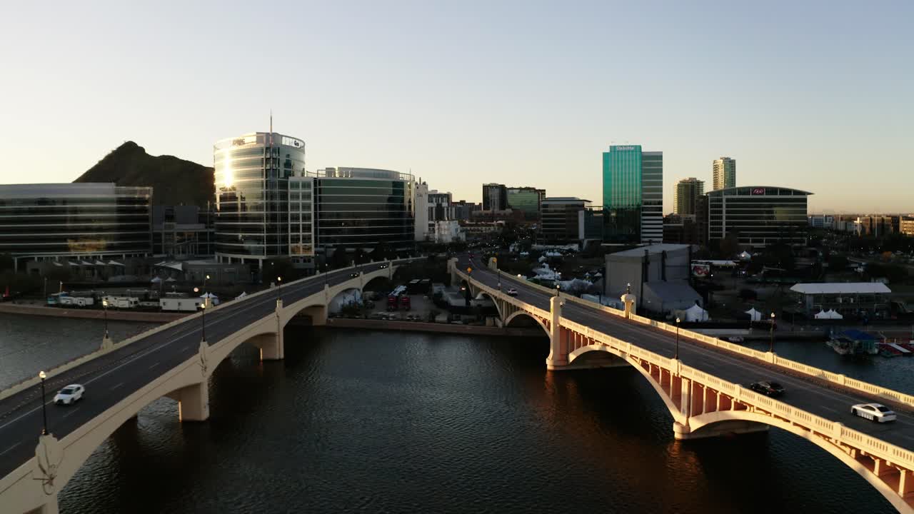 Drone shot over the Salt River towards Tempe, Arizona