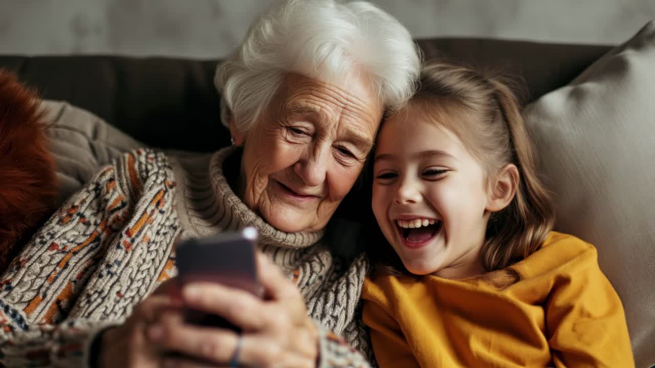 Heartwarming close-up of a grandmother and granddaughter watching a video on a smartphone