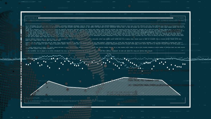 Animación de análisis de datos y cifrado sobre texto y un gráfico en un fondo oscuro