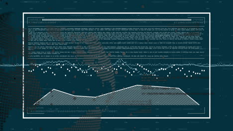 análisis de datos y animación de cifrado sobre texto y gráfico en fondo oscuro