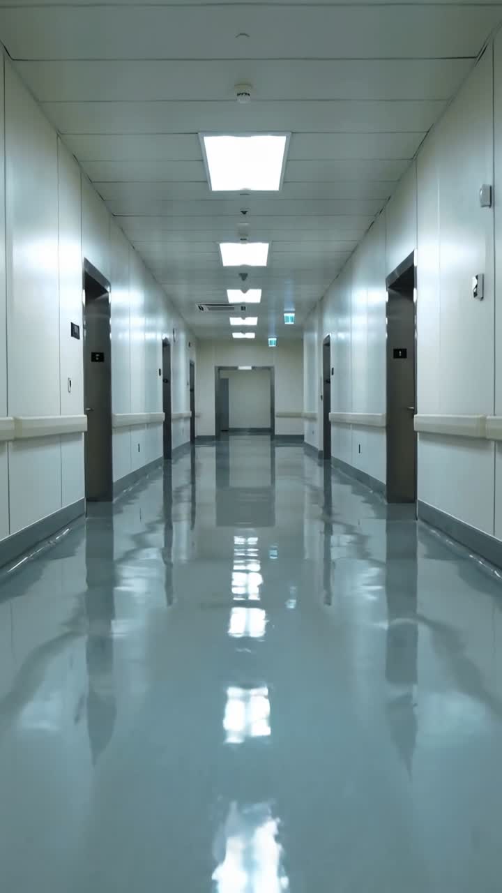Carrello che scorre lungo un corridoio d'ospedale, rivelando luci, corrimano, un'insegna di uscita e la lucentezza del pavimento